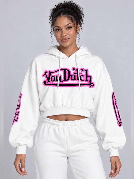 Von Dutch Tops - Von Dutch Graffiti Logo Cropped Hoodie White Pink Black Size Small Y2K